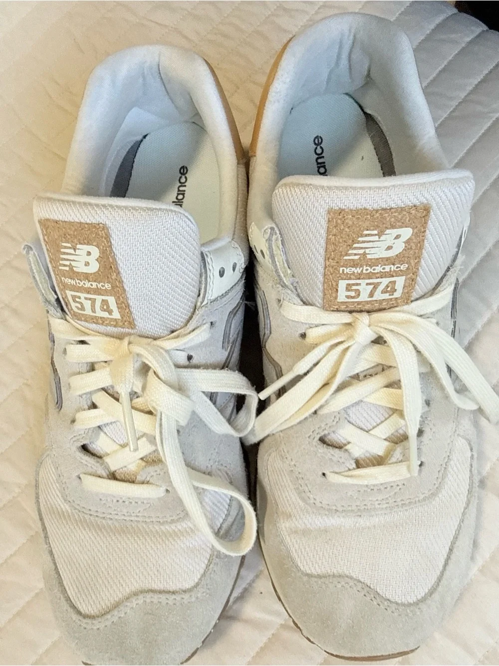 New Balance 574 Sneakers in White and Tan Accents